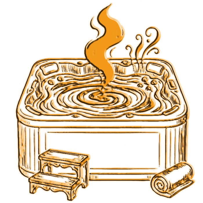 Stylized jacuzzi icon showing steam and water symbolizing wellness service with a simple graphic background